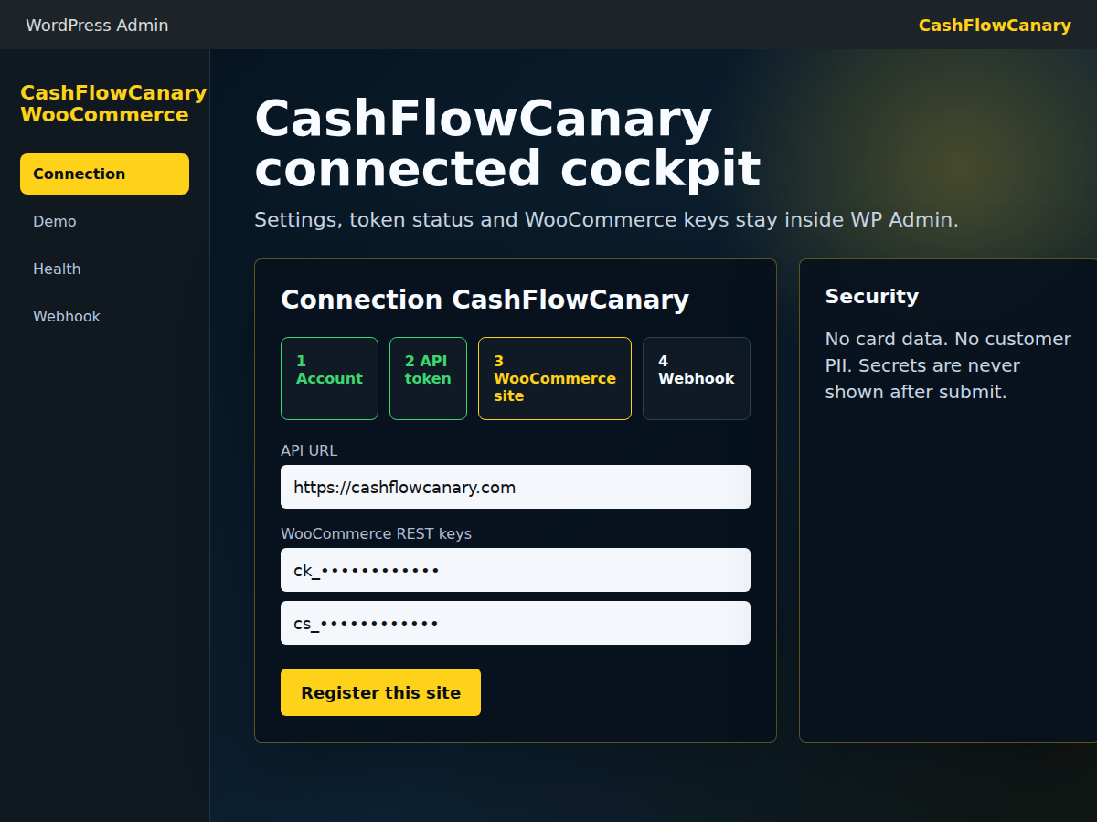 Screenshot du plugin CashFlowCanary montrant la connexion WordPress admin