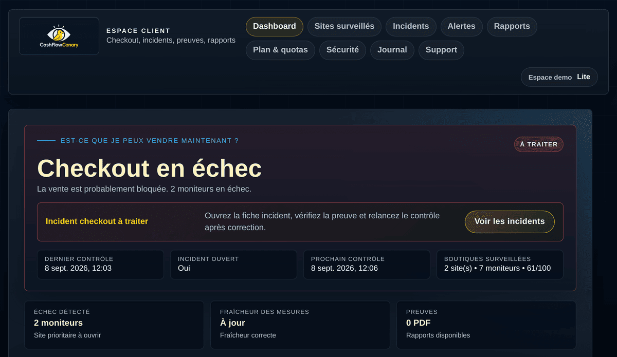 Tableau de bord du cockpit CashFlowCanary sur données fictives : verdict « checkout en échec », incident à traiter et repères de surveillance